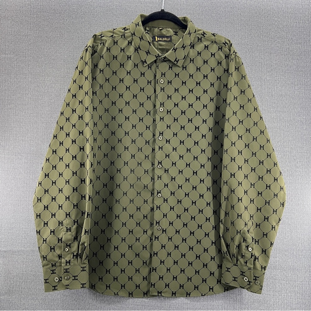 Baldelli Men’s Green Black Velour Design Long‎ Sleeve Button Up Shirt 2XL